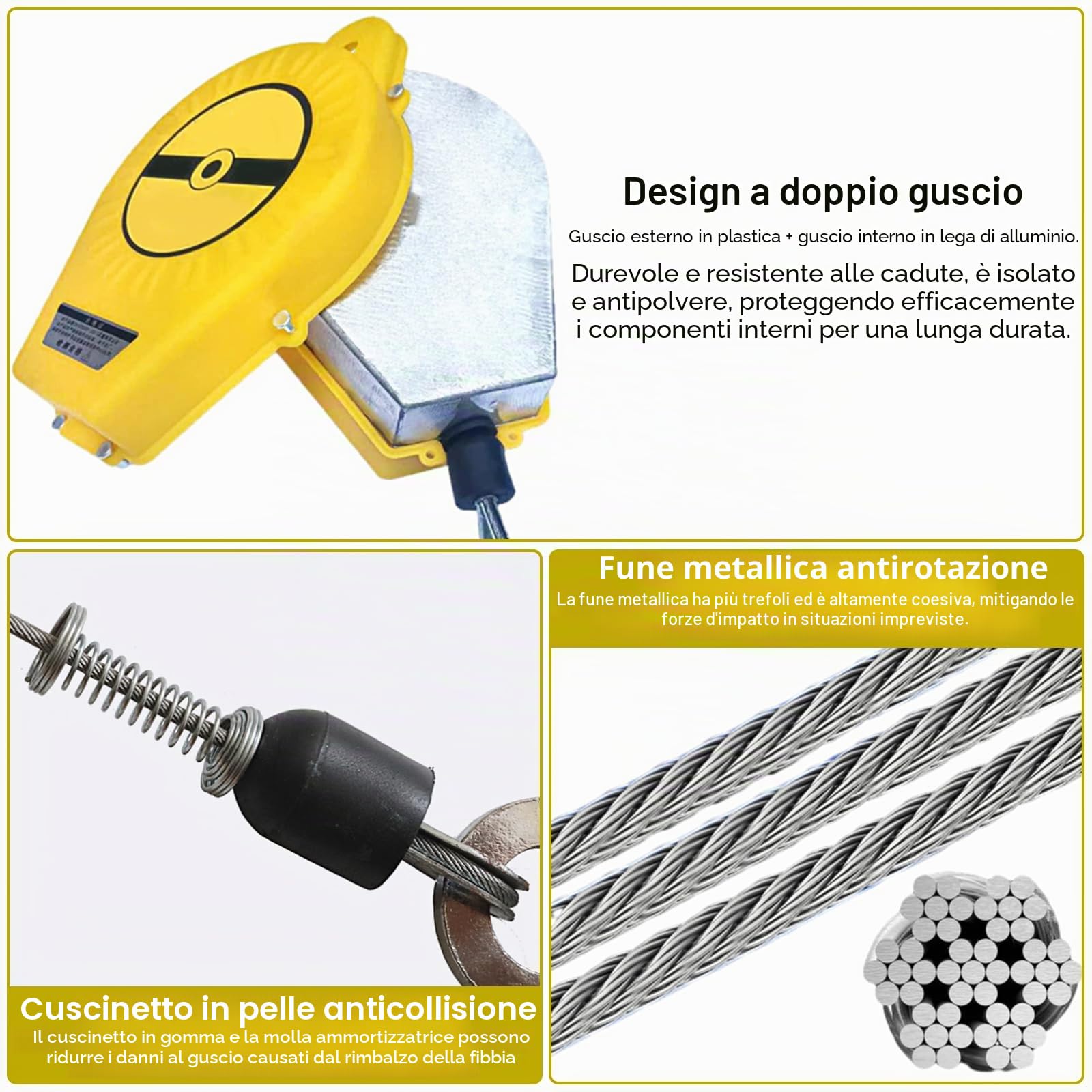 Dispositivo Anticaduta Retrattile Certificato(Giallo,10 Metri) | 150kg Dispositivo Retrattile di Sicurezza Anticaduta con Gancio Autobloccante, Dispositivo Anticaduta Tetto e Lavoro Aereo