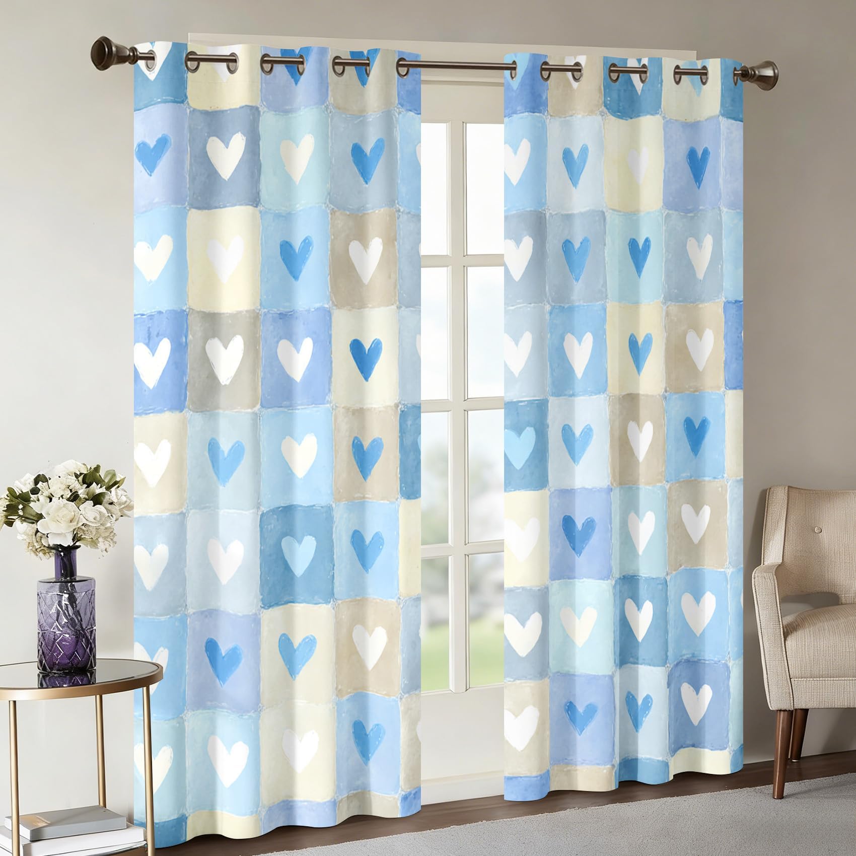 Karierte Herzvorhänge 117 x 229 cm (B x H) Blaue Herz Blickdicht Vorhänge für Wohnzimmer und Schlafzimmer, Thermovorhang 2er Set