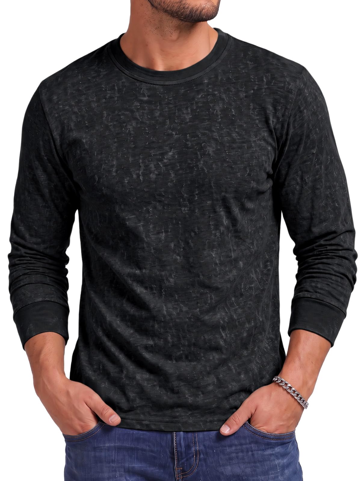Runcati Herren Langarmshirt Rundhals Baumwolle Leicht | Atmungsaktiv, feuchtigkeitsableitend, weich, lockerer Schnitt, Basic, Freizeit, Büro, Sport, Alltag, Sommer