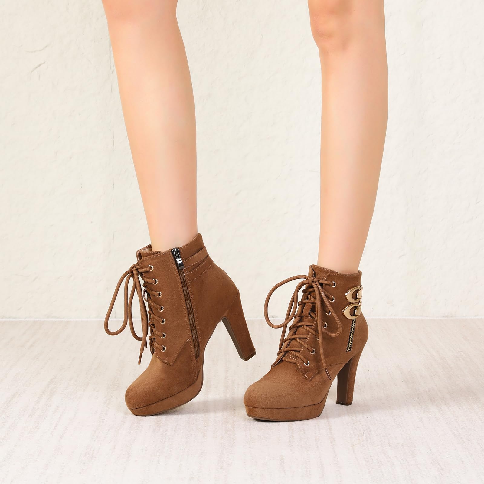 Susanny High Heel Boots for Women,Womens Platform Boot Heels Sexy Round Toe Lace UP High Heels Mid Calf Boots: 9 Tan