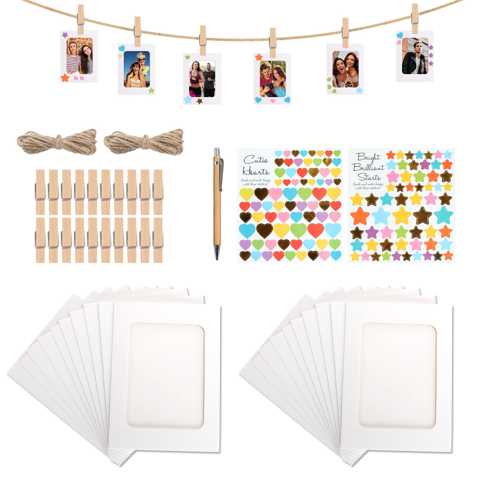 20 sztuk ramka na zdjęcia wisząca dekoracja ścienna, 6 cali DIY papierowa ramka z naklejkami i piórem, papier pakowy do domu szkoły biura