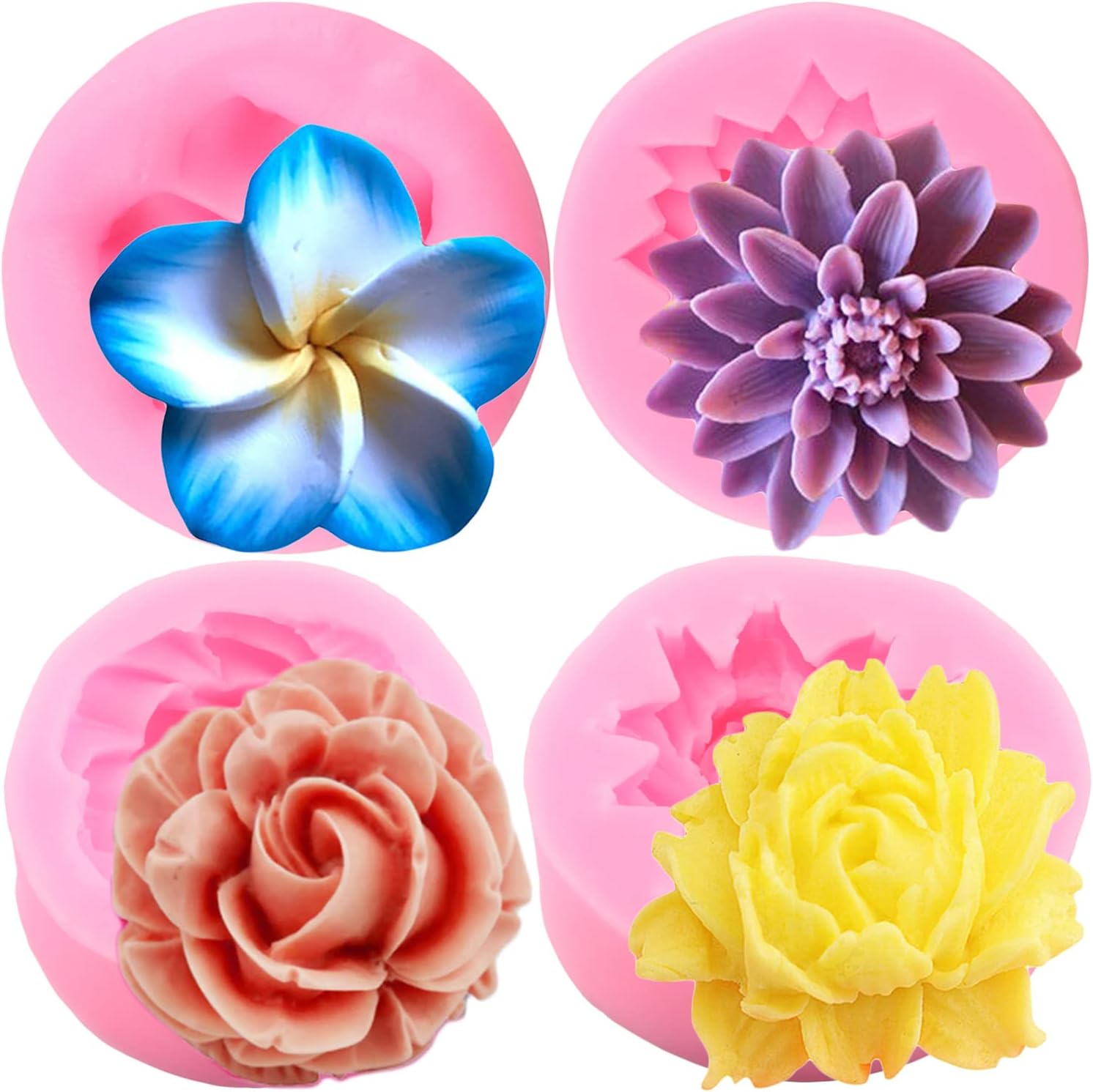 ZiXiang Silicone Molds - Rose, Chrysanthemum, Plumeria Flower Fondant Molds for Chocolate Cake Decoration, Cupcake Toppers, Candy, Polymer Clay, Gum Paste Set of 4