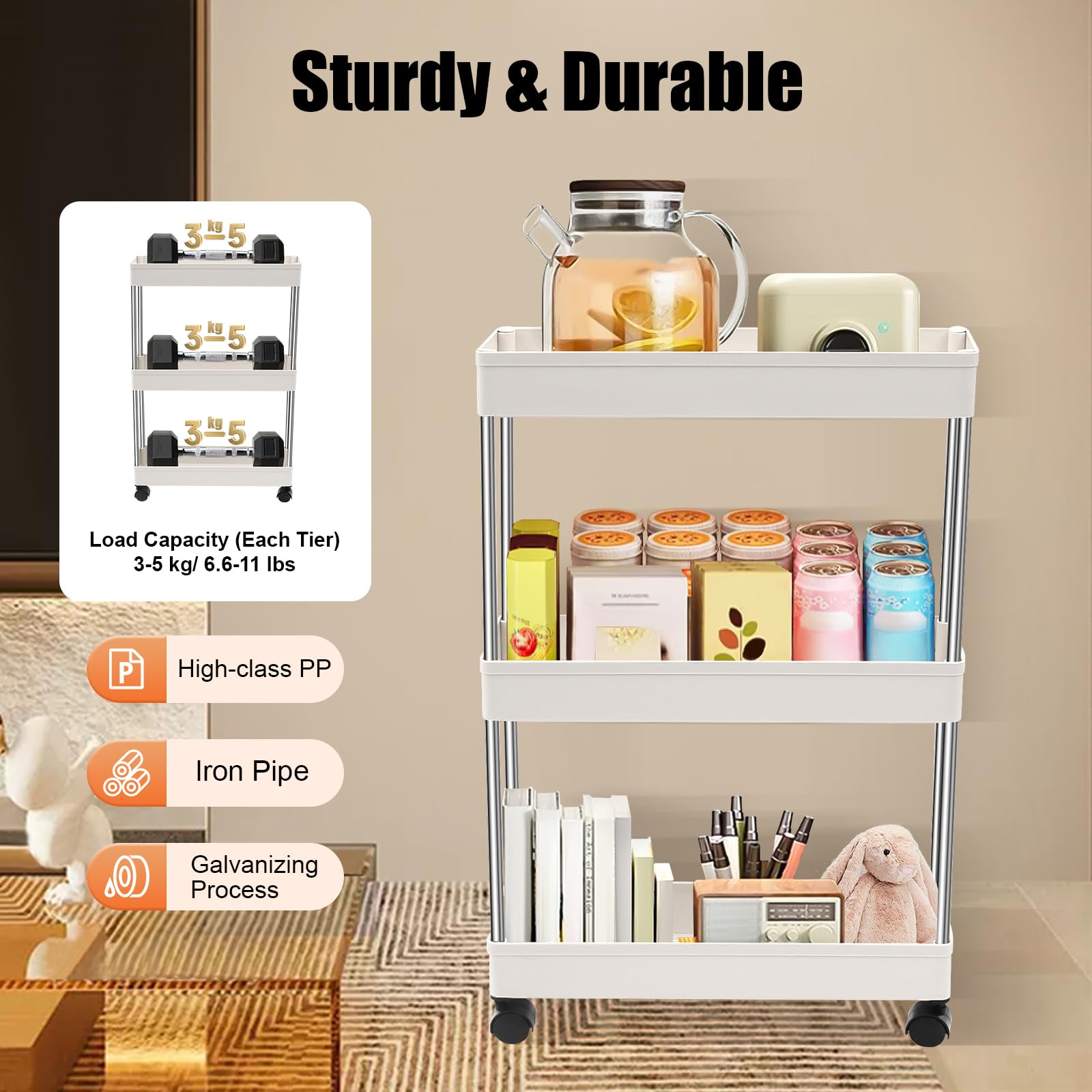Carrello per nicchia da cucina a 3 livelli, con nicchia su ruote, per cucina, ufficio, bagno