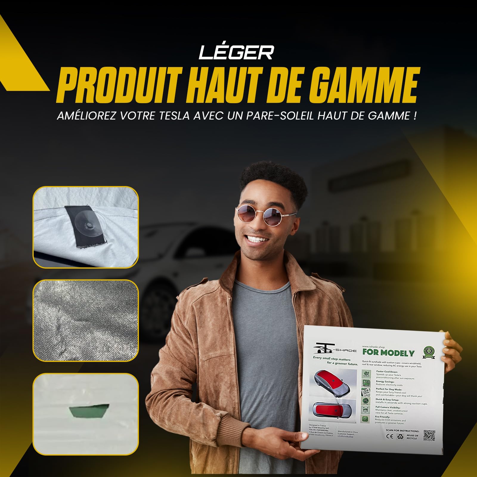 Pare-Soleil extérieur écologique avec ventouses pour Tesla Model Y, Couvrant Le Pare-Brise, Le Toit en Verre et la Lunette arrière( Model Y)