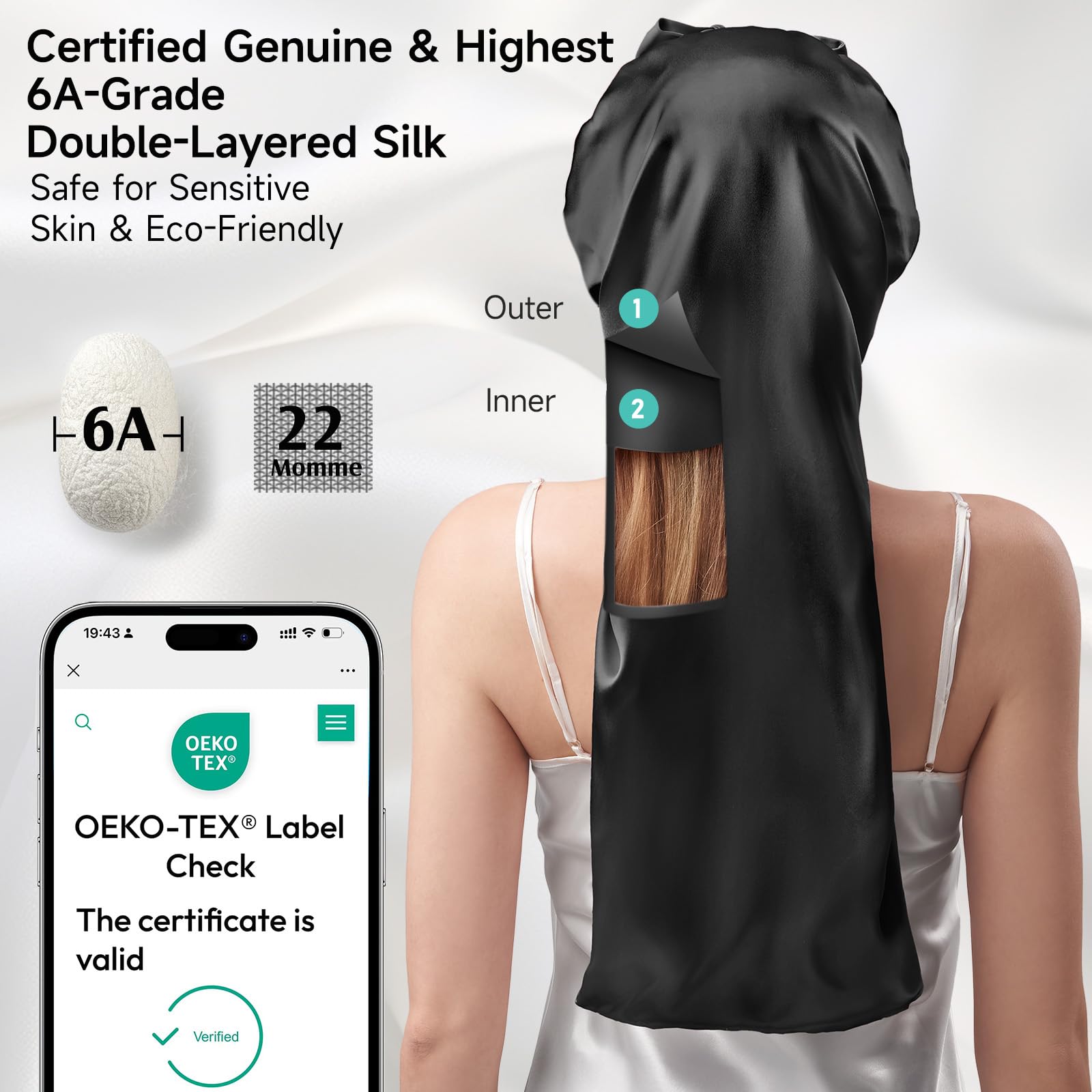Umisleep 22 Momme 100% seta di gelso, double face, morbido berretto da notte per capelli voluminosi, traspirante, fascia larga regolabile, colore nero