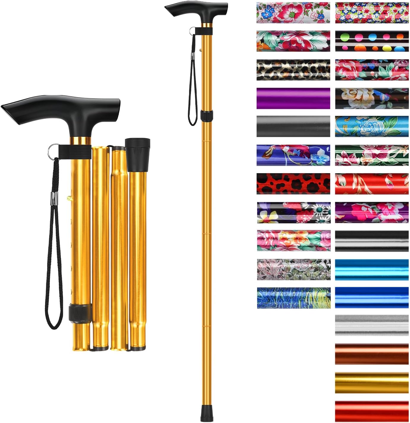 supregear Folding Cane, 5-Level Adjustable Height Walking Stick Lightweight Collapsible Portable Travel Cane with Wrist Strap and T Handle for Elderly Disabled Men Women