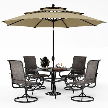 PHI VILLA Patio Dining Set for 4 with Beige Umbrella & Swivel Chairs