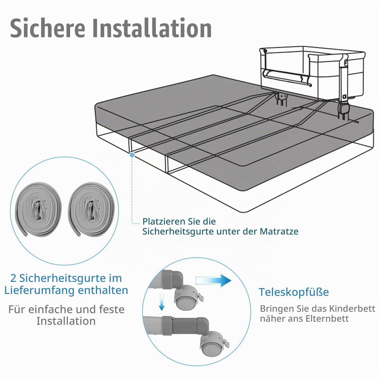 LIFEZEAL Baby Beistellbett 6 Stufig Höhenverstellbar, Babybett mit Matratze & Rollen, Tragbares Reisebett für Baby 0-6 Monate, Stubenwagen mit Aufbewahrungskorb (Hellgrau)