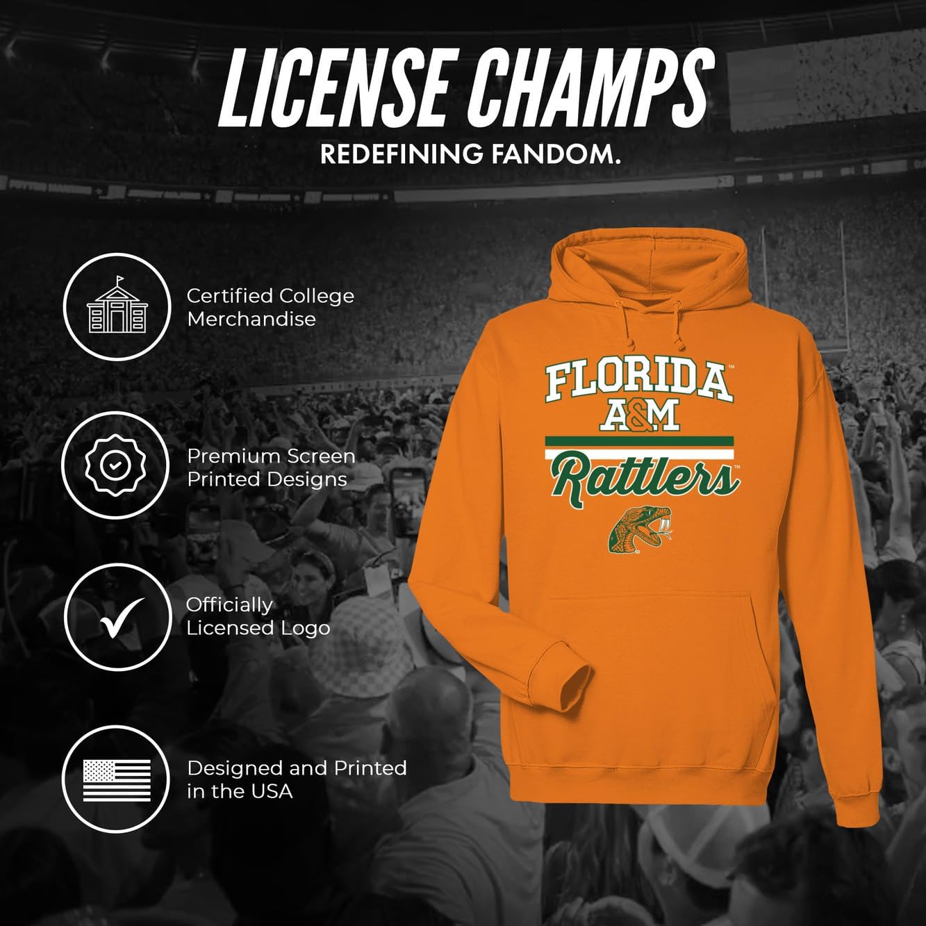 License Champs Hooded Sweatshirt | Official NCAA College Merch | Mens Womens Adult Hooded Sweatshirt | Mens Womens | Bar Logo