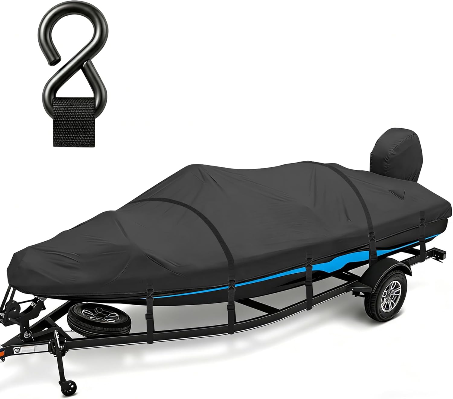 Boat Cover 16-18.5 FT, 1200D Heavy Duty Waterproof Trailerable Boat Cover with Metal Hook & Motor Cover, Fits 16' 17' 18' Bass Boat, V-Hull, Tri-Hull, Runabout Boats up to 94" Beam, Gray