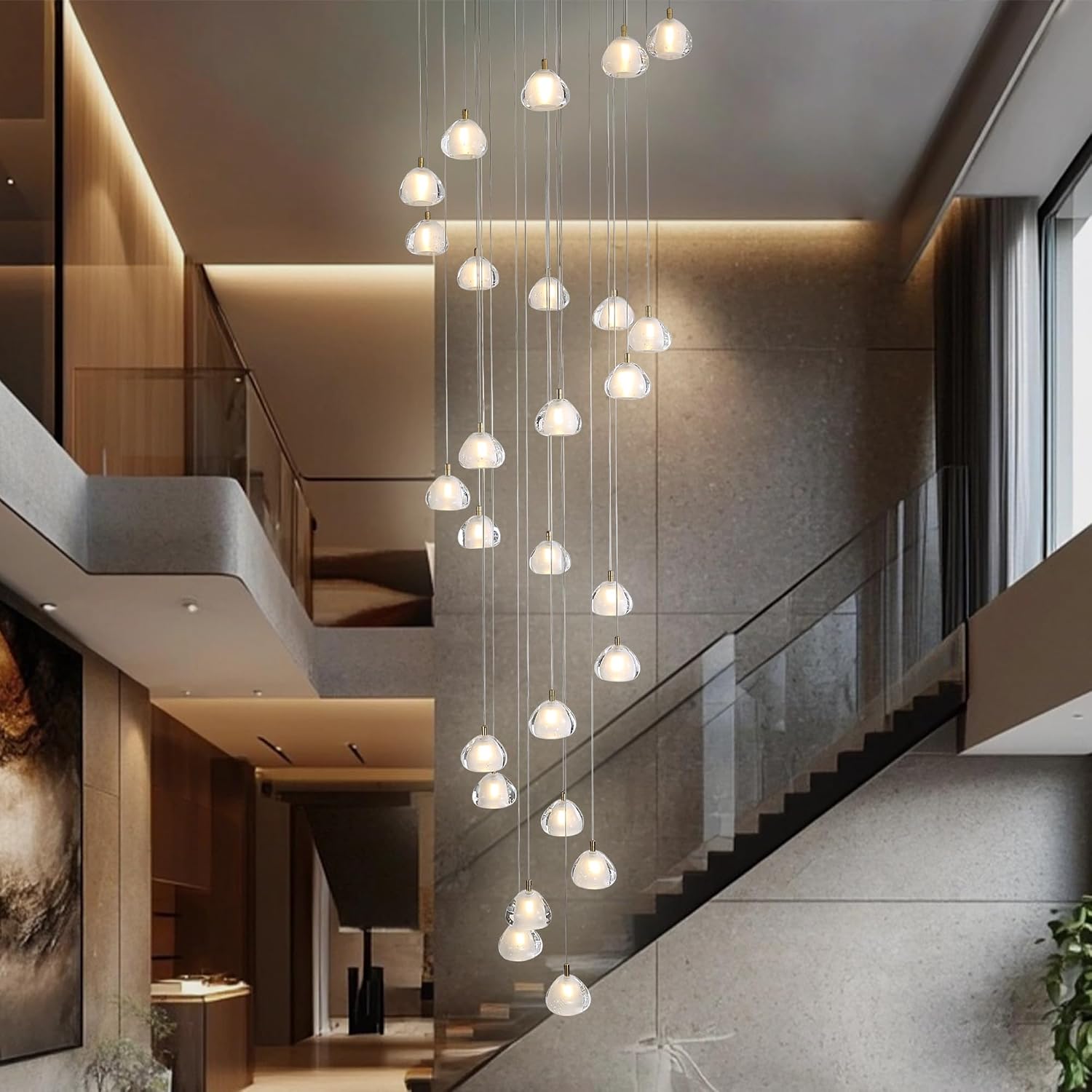 Modern Gold Crystal Chandelier, Spiral 26-Light High Ceilings Pendant Lighting Fixture Adjustable Height, for Living Room, Kitchen Island, Foyer, Staircase (G4 Bulbs Included)