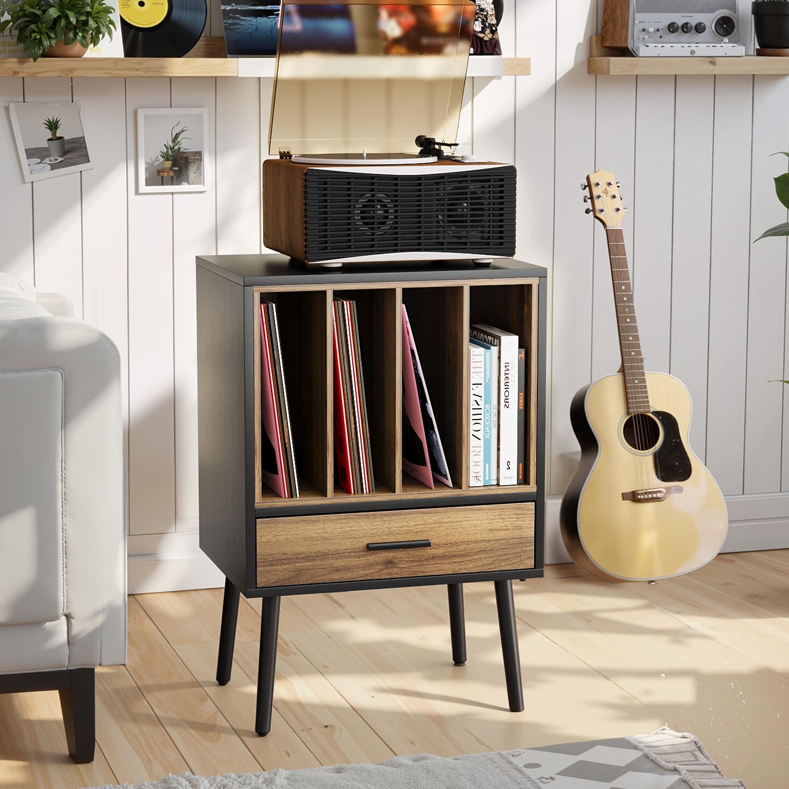 Kiasthome Support de tourne-disque noir avec caisse de rangement et tiroir, table d'appoint pour tourne-disque vinyle avec pieds en bois massif, pour salon, chambre à coucher