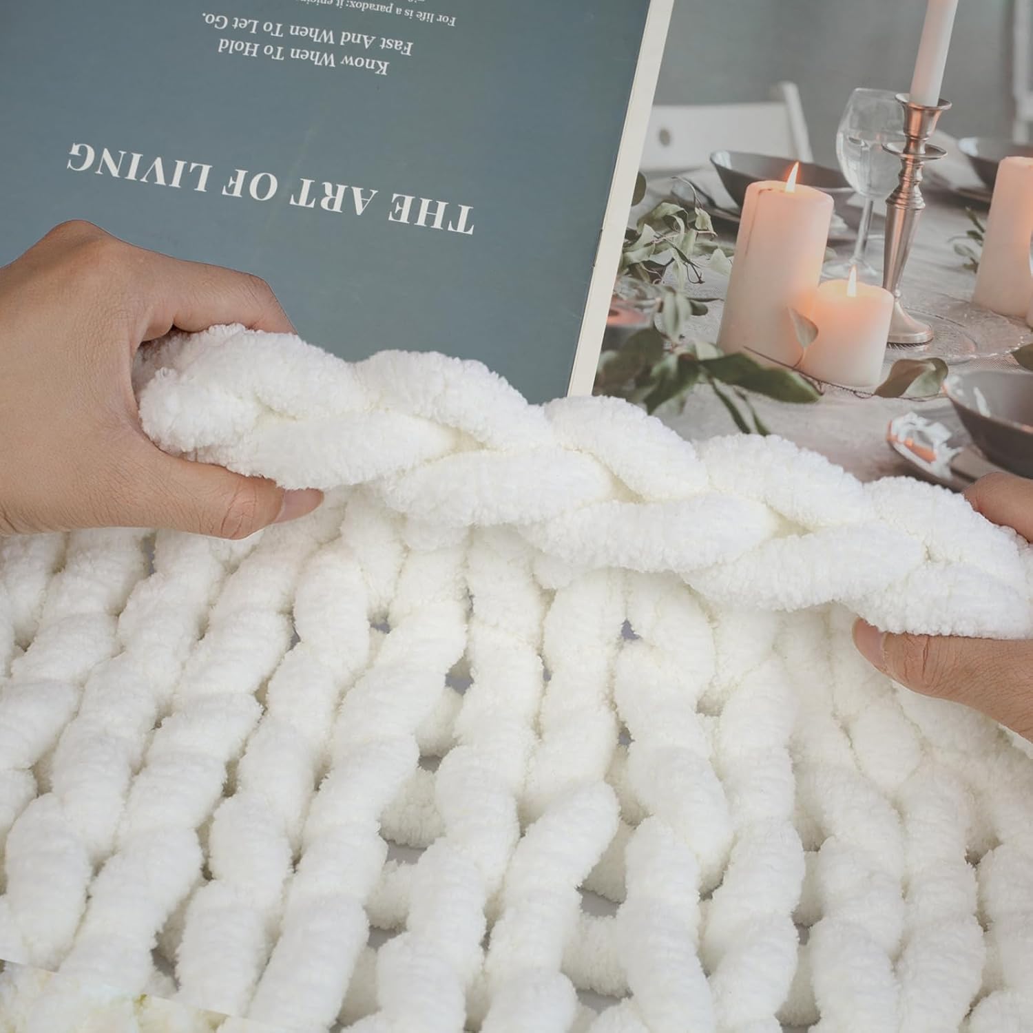 Chunky Yarn for Hand Knitting and Blankets – Super Soft Jumbo Chenille Yarn Pack for Crocheting, Bulky DIY Projects, 8 Skeins(Cream)