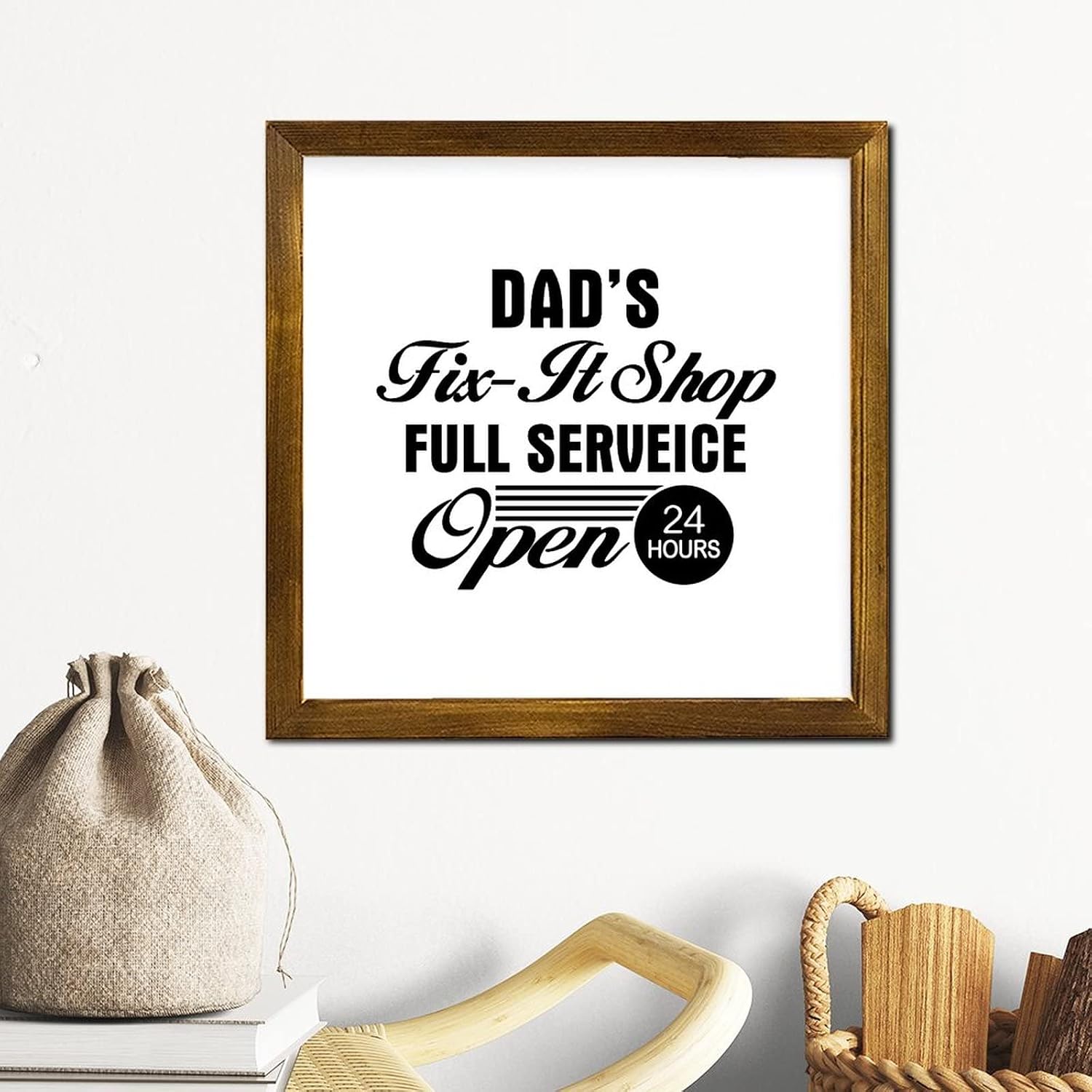 Dad's Fix-It Shop Wooden Framed Signs Heart Warming Positive Wall Plaque Vintage Woodshop Garage Wall Decoration for Bedroom Living Room Shelf Kitchen Home 12x12 Inch