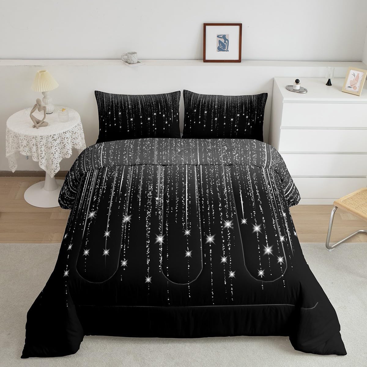 Abstract Ombre Comforter Set Grey Black Teens Bedding Set for Boys Girls Women Kids Modern Geometric Comforter Glitter Galaxy Stars Decor Quilt Set Bedroom Collection 3Pcs Full Size Multi 12