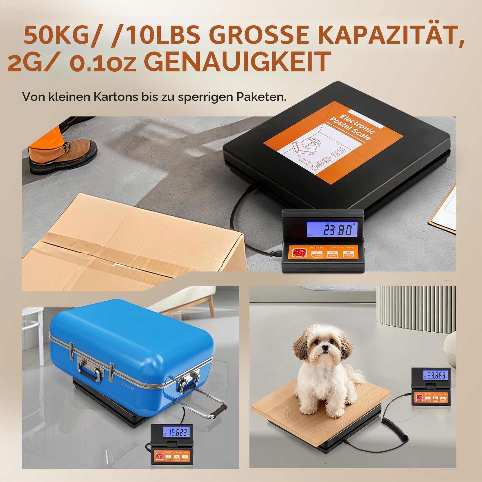 Bonvoisin Paketwaage Postwaage Digitale 50kg/110lb,2g Plattformwaage mit separatem großem LCD-Display, 2 AAA-Batterien und EU-Netzadapter enthalten, g/kg/oz/lb mit Stable & Hold-Anzeige