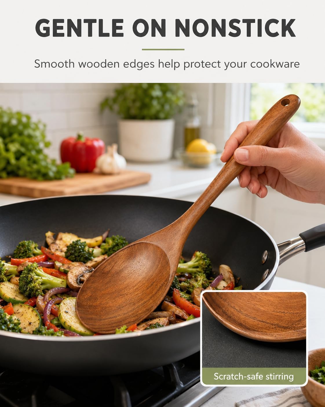 Wooden Spoon for Cooking, Premium Natural Teak Right-Handed Corner Spoon with Angled Edge, Large Heat-Resistant Wood Spatula with Comfort Grip for Nonstick Cookware