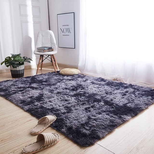 ADMEE Area Rug for Bedroom Living Room, Fluffy Faux Fur Large Rug, Dark Grey Anti-Slip Washable Rug, Modern Tie-Dye Plush Floor Carpet, 160×230 cm(5.2 x 7.5 ft)