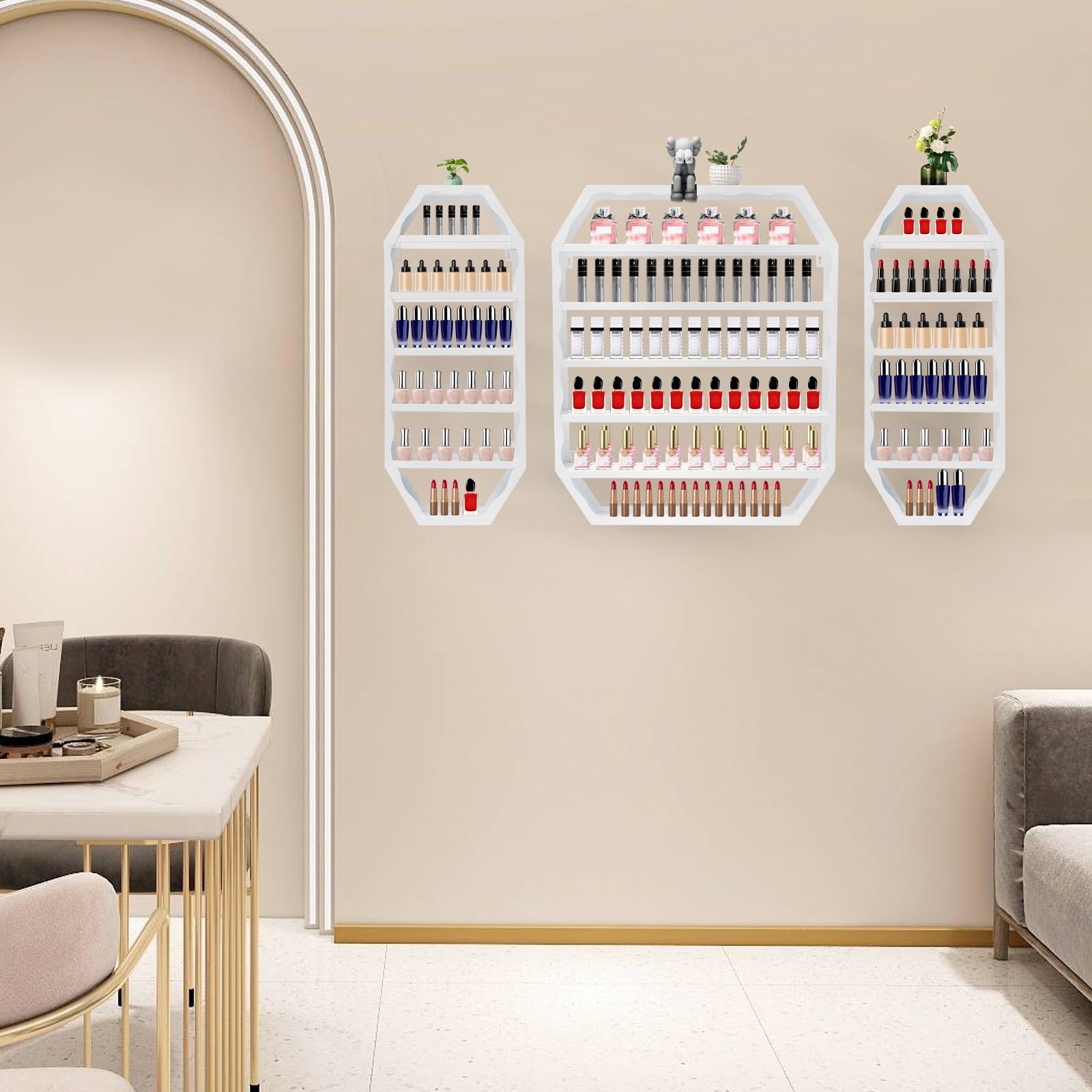 Étagère murale en métal pour vernis à ongles, rangement de vernis à ongles, étagère cosmétique, 3 pièces, 60 cm, 72 cm, pour la maison et le salon de manucure (blanc)