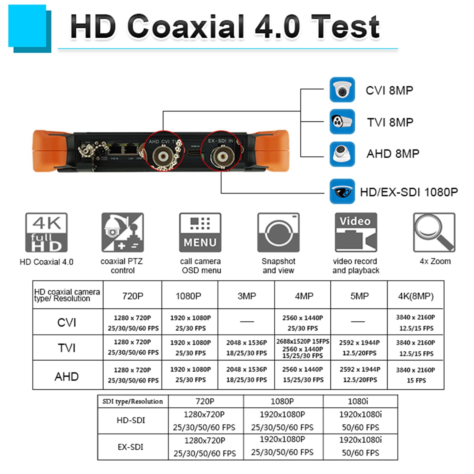 Tester CCTV X9MOVTADHS HD CCTV Tester, monitor da 8 pollici, Blackout HD CCTV Tester, 8MP CVI TVI AHD 8MP EX-SDI HD-SDI 3G-SDI Tester IP, supporto telecamera RJ45 Cavo TDR Test