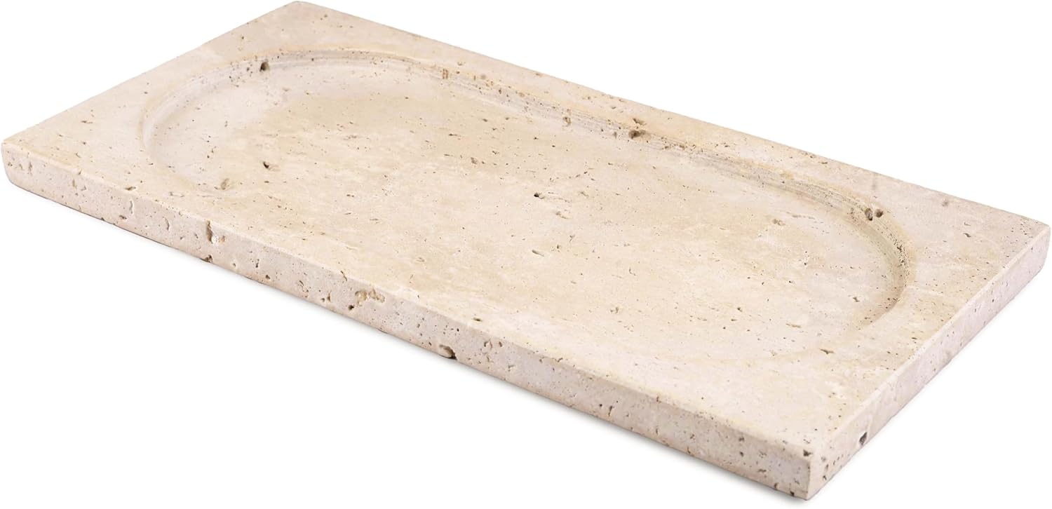 Perilla Home Marble Oval Rectangle Shape Decorative Tray 12X6X0.6 Inch – Natural Travertine Stone Tray for Coffee Table, Bathroom, Kitchen, Jewelry, Perfume, Ring, Aesthetic Home Decor Gift