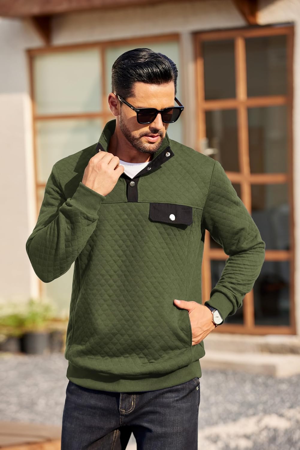COOFANDY Quilted Sweatshirts for Men Quarter Button Pullover Sweatshirt Stand Collar Outdoor Polo with Pockets - Image 4