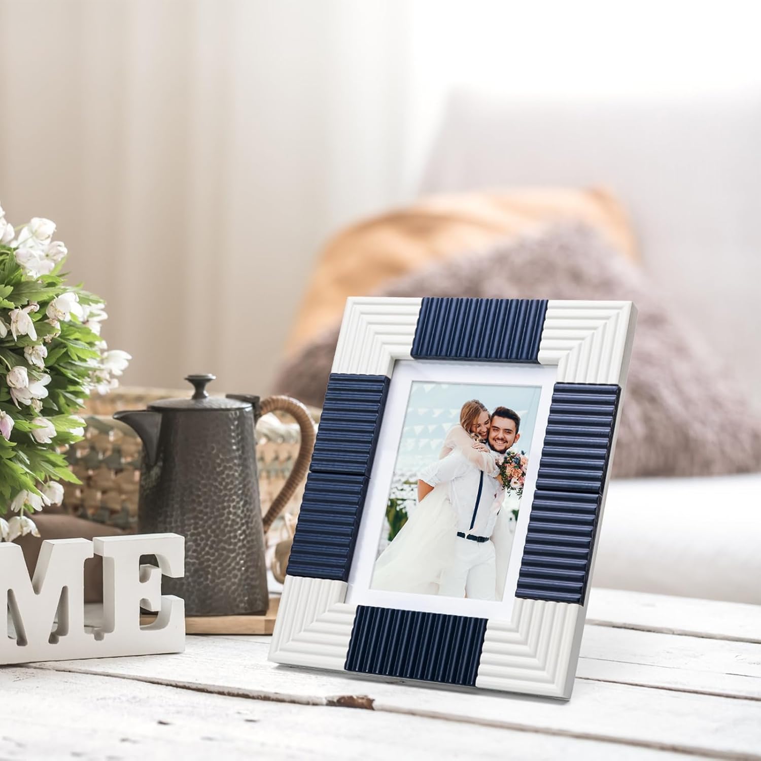5x7 Picture Frame, Navy Blue on White Color-Blocking, Solid Wood with Real Glass, Matted to 4x6, Vertical and Horizontal for Tabletop or Wall Hanging Display Photo Frame