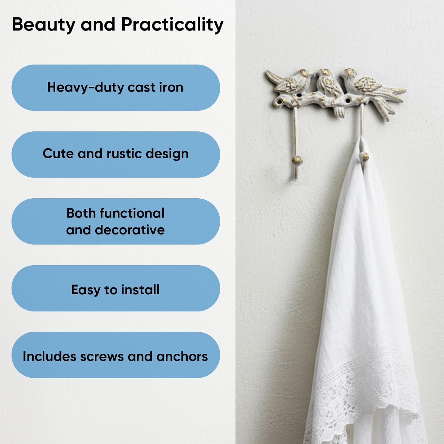 Vintage Cast Iron Bird Wall Hook Black Rust Color-Heavy Duty Metal Design Wall Hook for Hanging Coats Keys Towels in Entryway Bathroom, Farmhouse Home (White&Gold) - Image 3