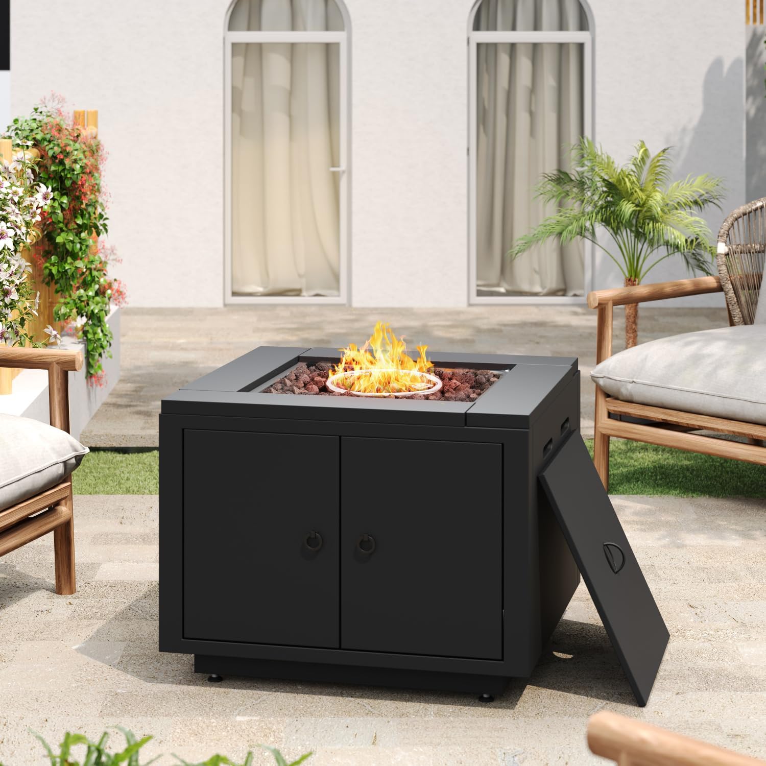 30Inch Square Steel Fire Pit Table, in Black Iron Black 40000Btu Heat Output Cozy Outdoor Gatherings Durable Outdoor Table