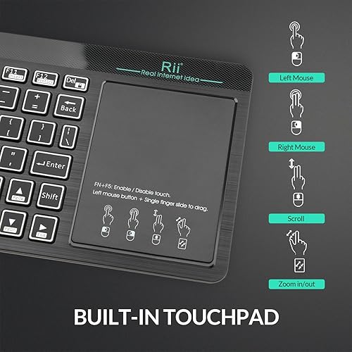 Vista 11 de Rii K18 Plus Teclado multimedia inalámbrico de 3 LED a color retroiluminado con panel táctil de gran tamaño, teclado recargable para Android TV Box
