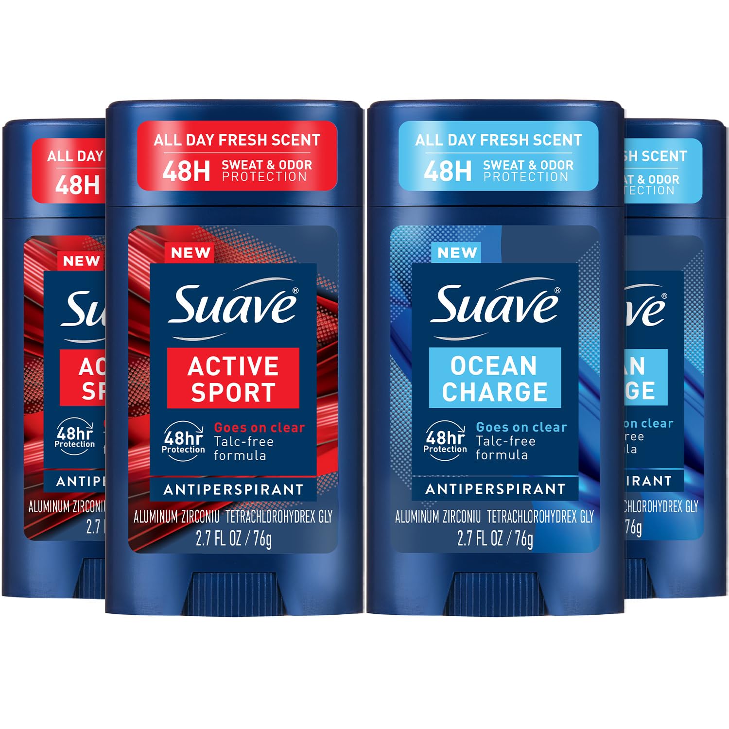 Suave Antiperspirant Deodorant for Men Variety 4-Pack Active Sport Bergamot Wood Ocean Charge Marine Driftwood 48H Sweat Odor