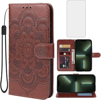 Case for iPhone 13 Pro Max Case, Apple 13 Pro Max Wallet Case with Tempered Glass Screen Protector, Leather Flip Credit Card Holder Stand Phone Cover for Apple iPhone 13 Pro Max Brown