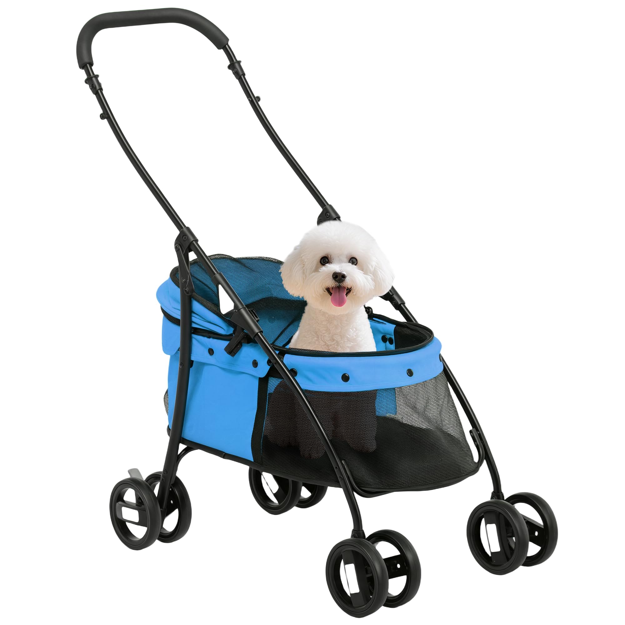 PawHut Carrito para Perros Plegable para Perros Pequeños Carga 10 kg Azul | Cochecito para Mascotas, Ventanas de Malla, Cojín Lavable, Correas de Seguridad, Marco de Acero