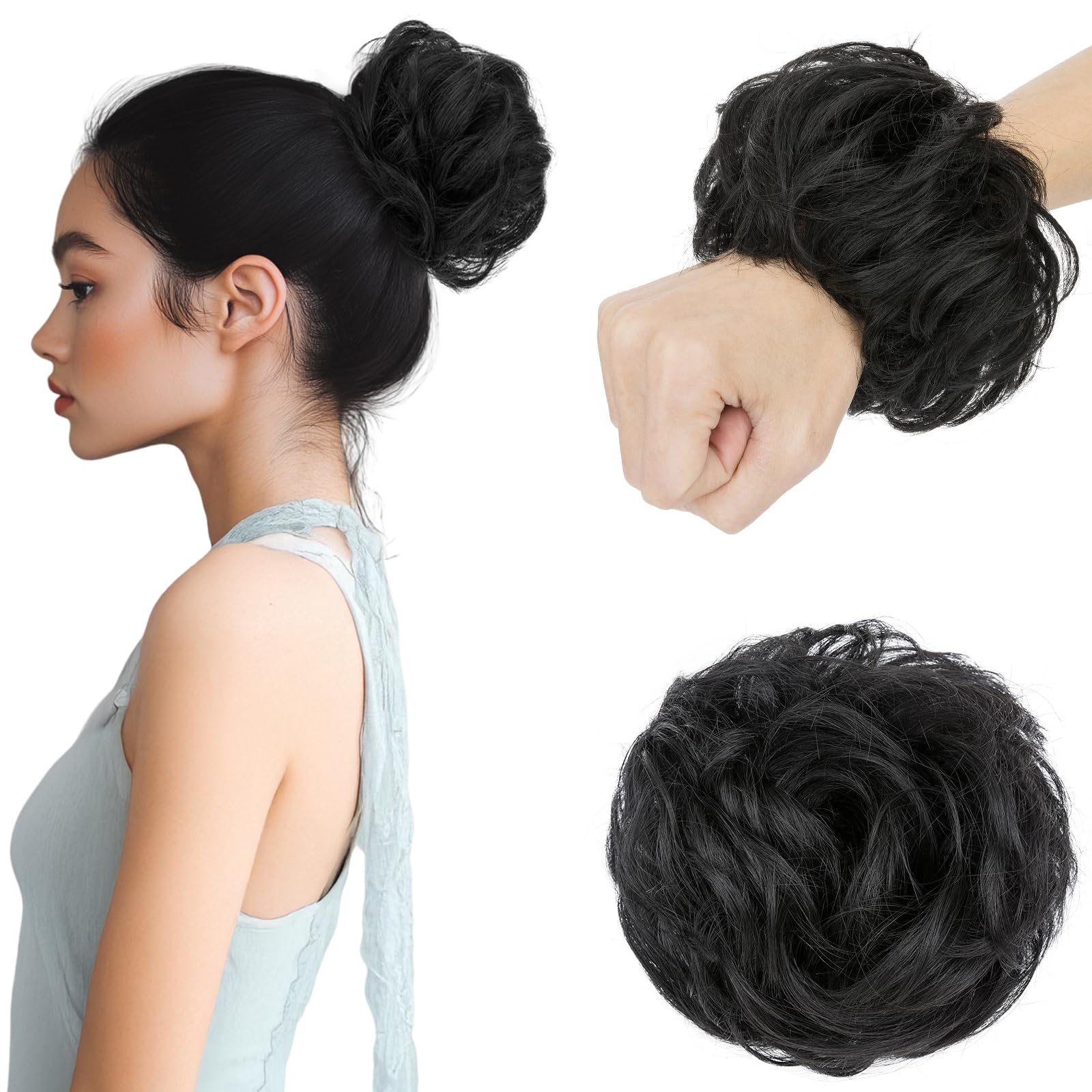 Elailite Human Hair Messy Bun Hair Piece Real Hair Remy Hair Covered Scrunchies Donuts Updo Chignon For Women - #01 Jet Black