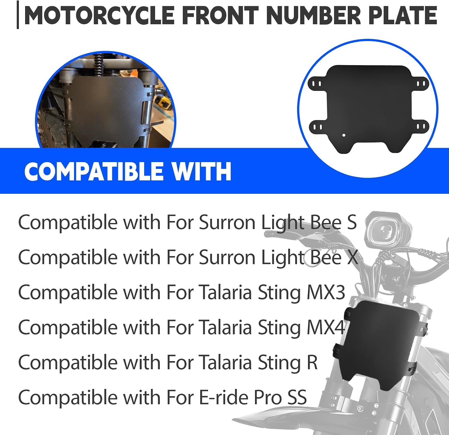 Motorcycle Front Number Plate for Electric Dirt Bikes Compatible with Light Bee S/X Ebike and Sting R / MX3 / MX4 / Pro SS Electric Dirt Bike, Matte Black, Easy Installation
