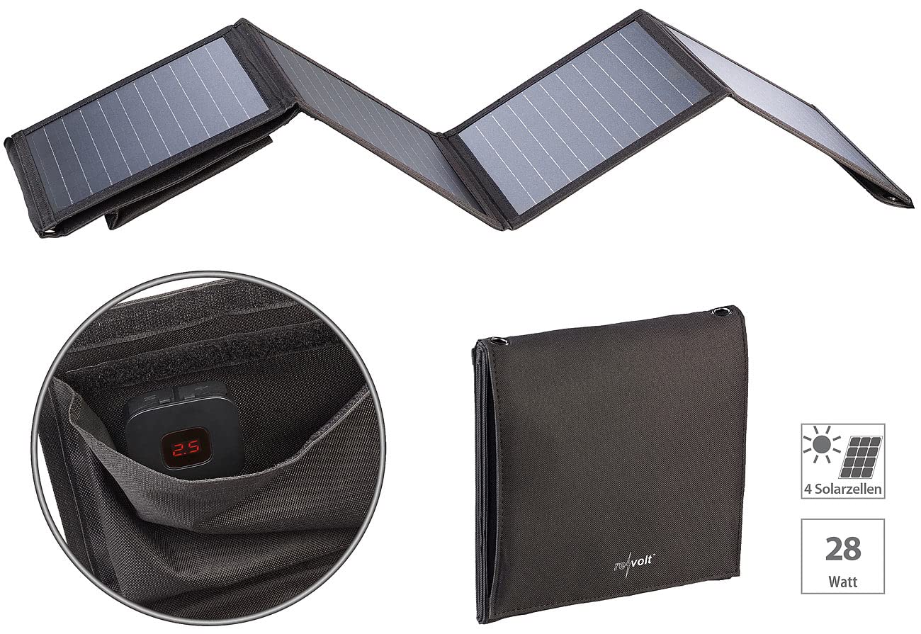 revolt Faltbares Solarpanel: 28-Watt-Solar-Ladegerät mit 2 USB-Anschlüssen (5V/4,8A), faltbar, IPX4 (Solartasche, Solarpanel Camping, Kfz)