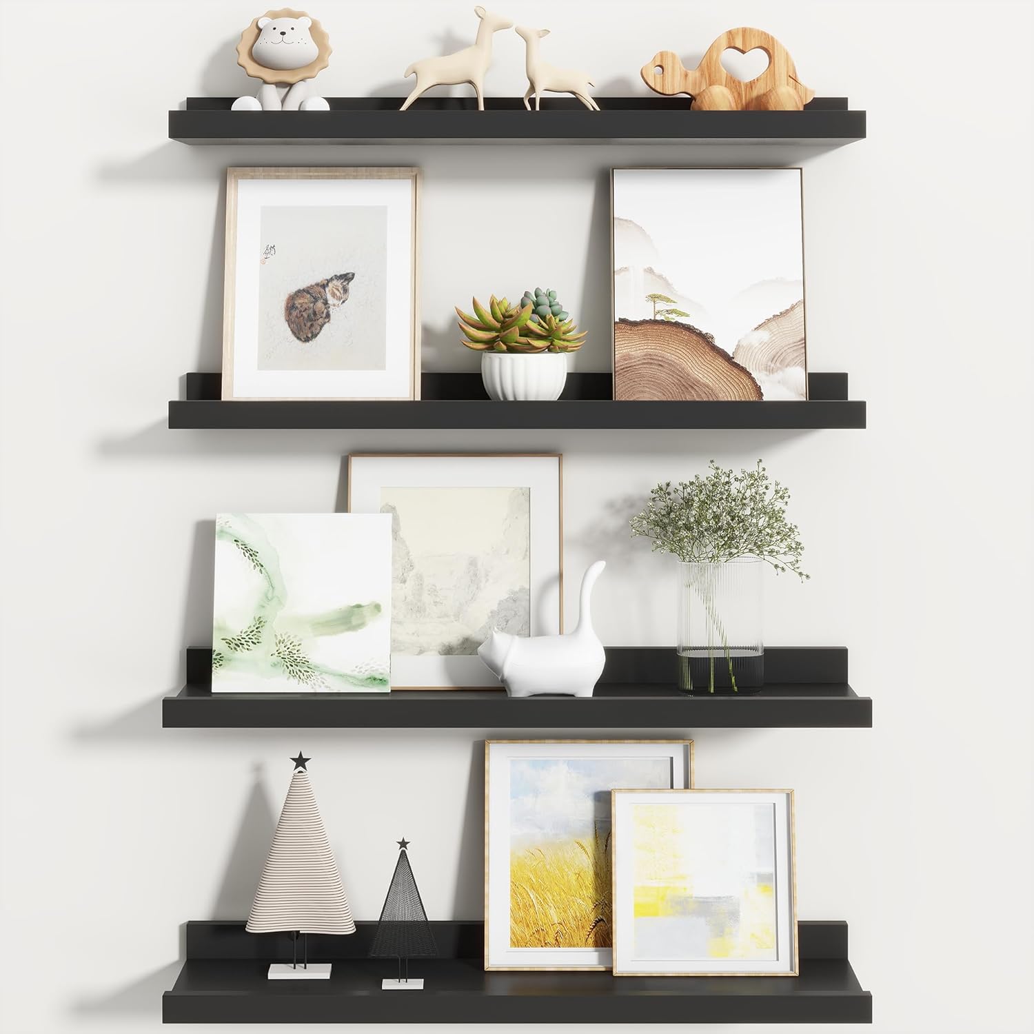 Fun Memories Picture Ledge Shelf, Black Floating Shelves Set of 4, 24 Inch Picture Shelves for Wall with Ledge, Large Nursery Book Shelf for Toys Storage, Living Room, Bedroom Decor Frames