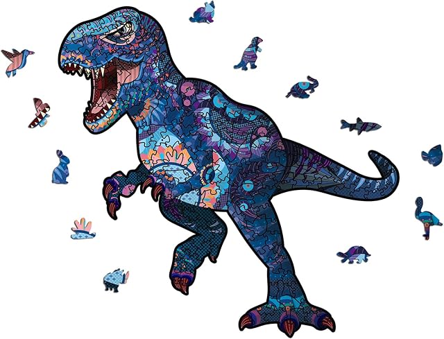 AthlChamp Wooden Puzzle for Adults and Kids, Animal Shape Magic Wooden Jigsaw Puzzles, Unique Shaped Puzzle Pieces, 10.24 x 10.51 in (26 x 26.7 cm) 200 Pieces, Dinosaur, Medium
