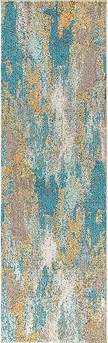 JONATHAN Y CTP106A-28 - Alfombra de pasillo contemporánea POP moderna abstracta vintage, color azul, marrón, naranja, 2 x 8 pies, bohemio, fácil de