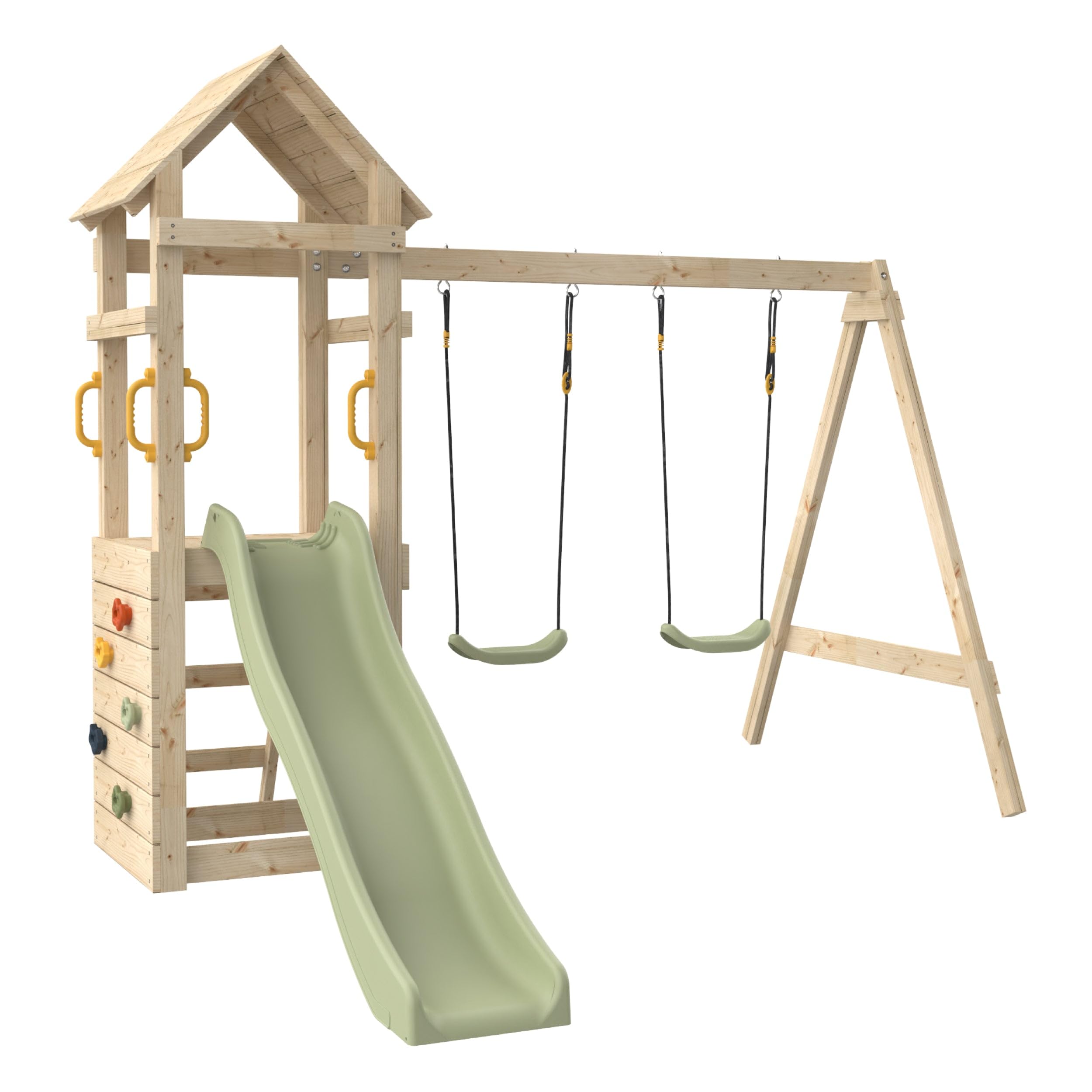 Aire de Jeux GESSETTE avec Toit - Plateforme - échelle - Mur d'escalade - 2 balançoires - Toboggan h210 cm