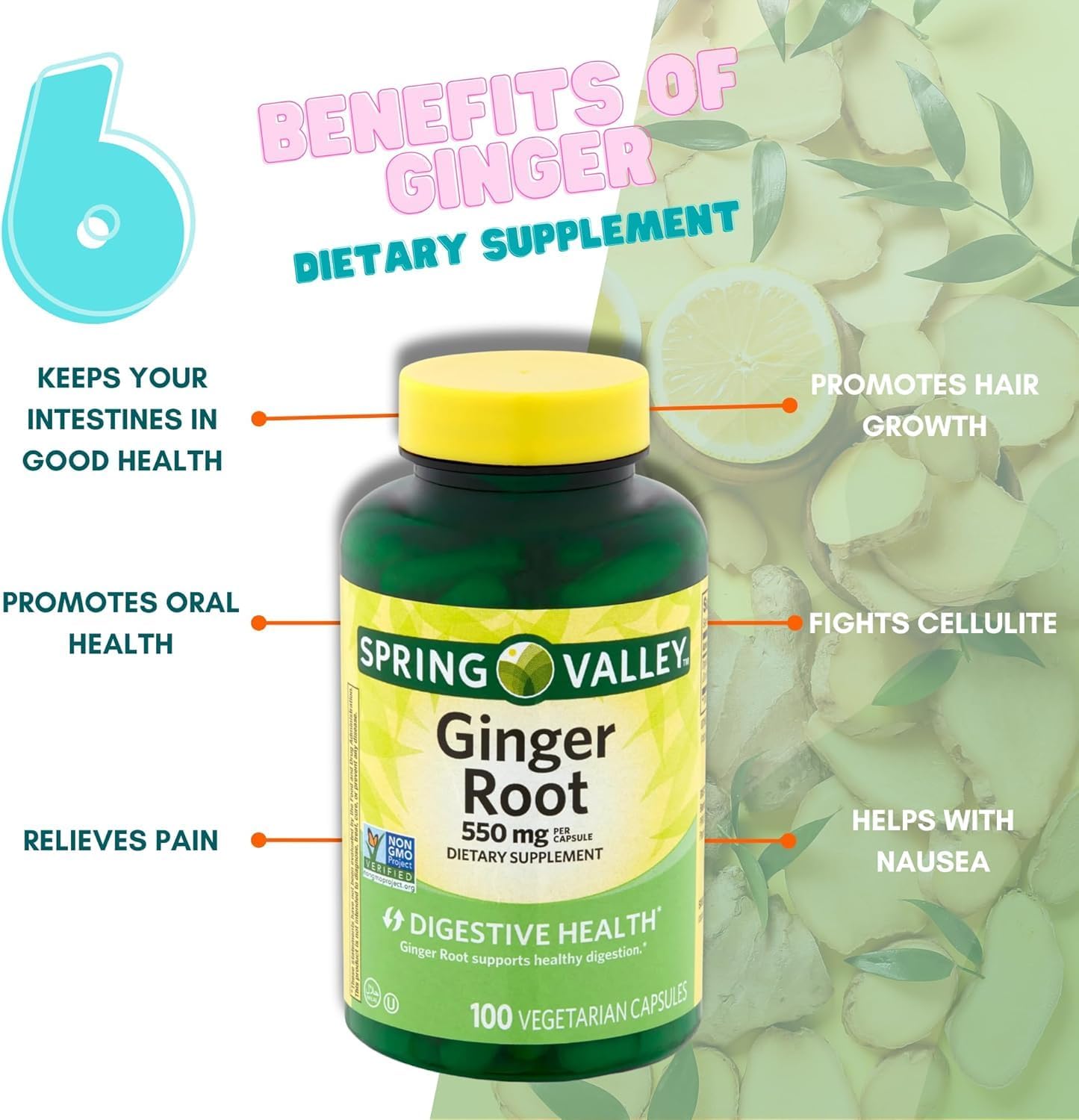 Spring Valley Ginger Root 550mg, Dietary Supplement Capsules, Digestive Health, 100 Count per Bottle (Pack of 2), Set with Basket Goods Store Polybag (1)