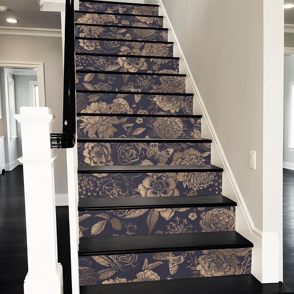 REDAMANCY Black Gold Flower Vintage Peel and Stick Vinyl Stair Riser Decals Staircase Tile Stair Stickers Abstract Boho Art Modern Decoration Self-Adhesive Home Decor Stair Decals (14Pcs)