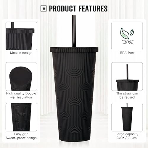 Miniatura 4 de Vaso de 24 onzas con tapa y pajita, vaso doble Venti con ondas de agua con tachuelas, 100% libre de BPA, a prueba de fugas, boca ancha, regalos de