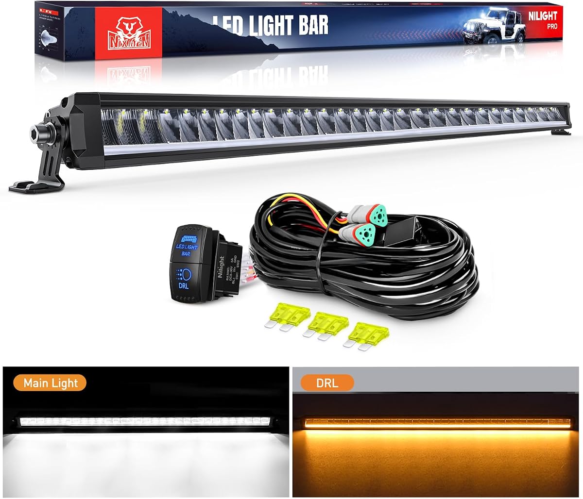 Nilight LED Light Bar with Amber DRL 40.3 Inch 165 W Single Row Light | Anti-Glare Flood Spot Combo DRL Slim Offroad Light IP68 w/ 14 AWG DT Wiring Kit for Pickup Truck SUV ATV UTV Boat 4x4