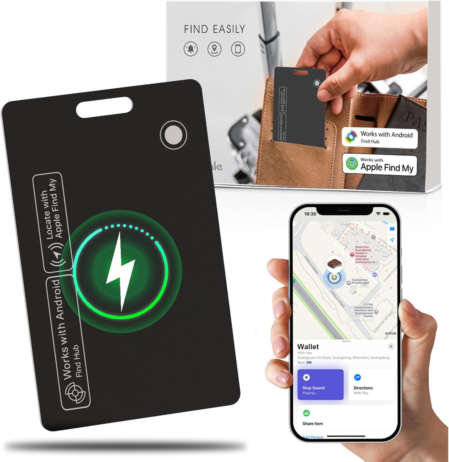Thin Wallet Tracker Card, Find My or Google'S Find Hub App, Dual System Both iOS and Android Tracker Card, Item Finder for Luggage Passports, Phone,IP68 (One-Black)