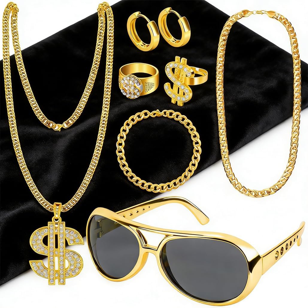 9 PCS Hip Hop Costume Kit 80s 90s Rapper Accessories for Men Women Cosplay Set Gatherings Club Nostalgia Old School Themed Party Supplie for Street Dance, Rock Concert
