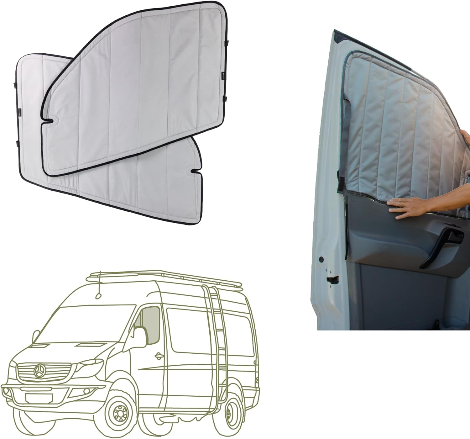 VanEssential Insulated Magnetic Blackout Front Door Window Covers (Pair) Designed for Mercedes-Benz VS30 (Van Years 2019 to Current) - Cool Gray