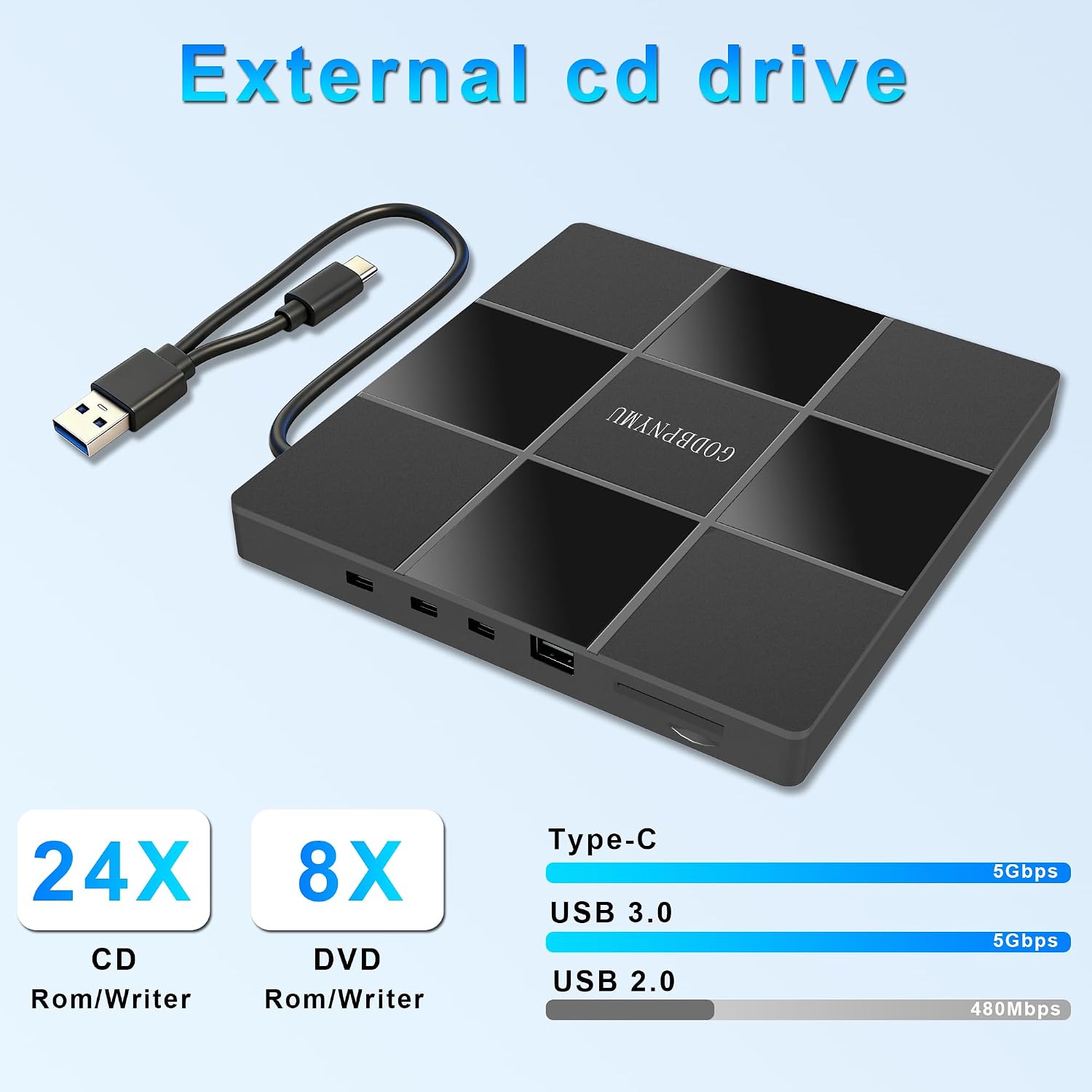 cd Burner ，8-in-1 External CD/DVD Drive for Laptop, 2 USB & USB-C Ports, TF/SD Card Reader, Supports Burning & Playback, Compatible with Windows 11-7 & macOS, Includes 1+4 Storage Bag