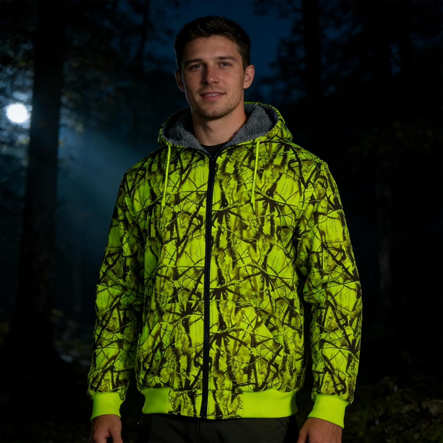 Safey High Visibility Hoodie for Men,Camo Hunting Wool Hi Vis Zip Up Jacket for Winter Constrution Work - Image 2
