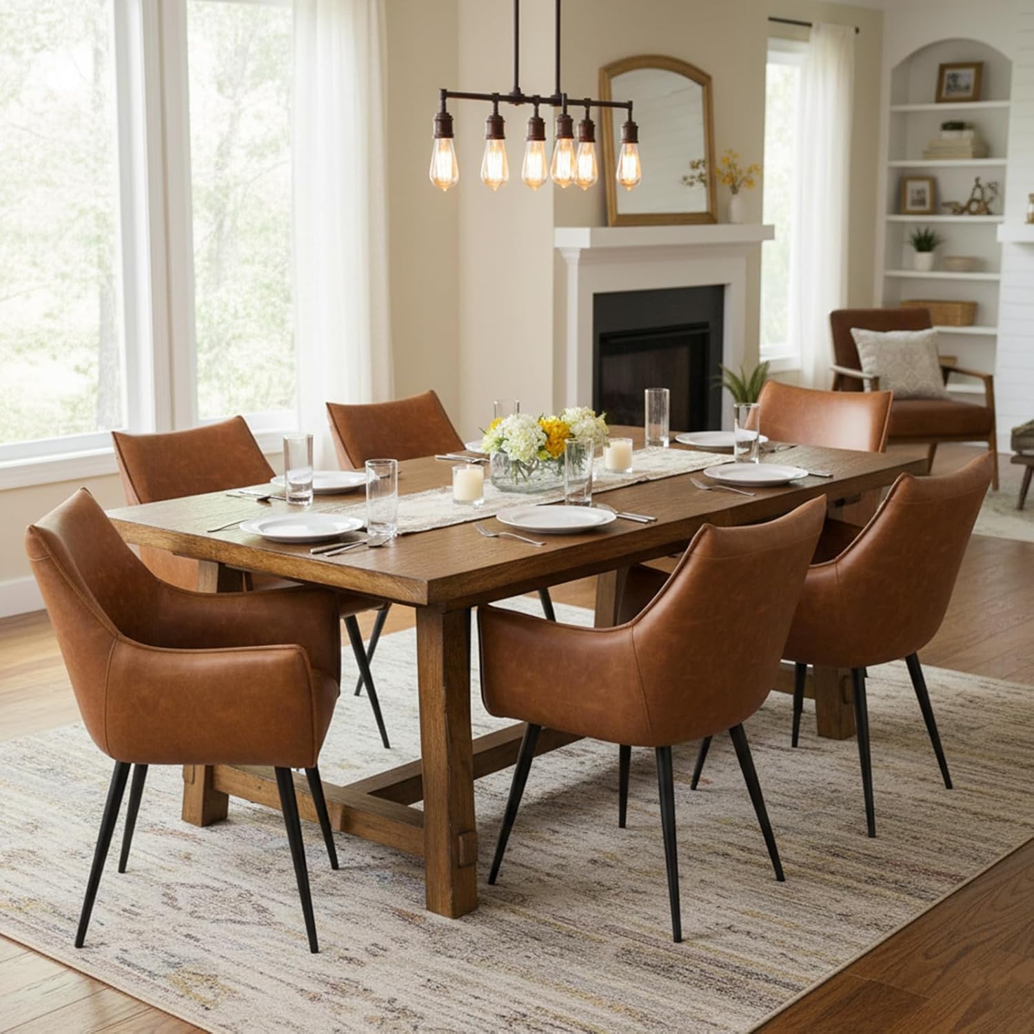 Brown PU Leather Chair, Upholstered Dining Room Chairs with Arms Set of 6 Mid Century Modern Kitchen Chair with Black Metal Legs Comfy Desk Armchair for Restaurant